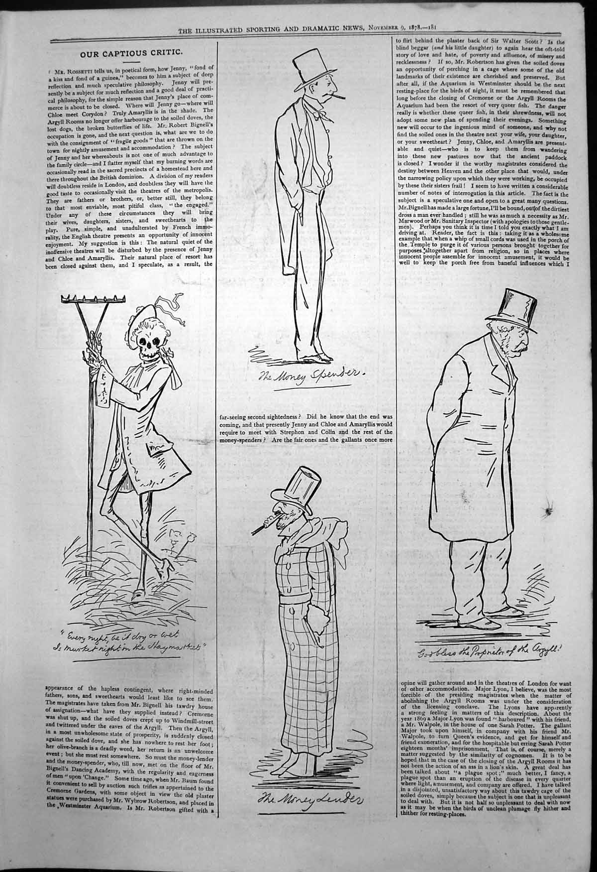 Old Print Captious Critic Musket Night Haymarket Moneylender Spender 1878 19th