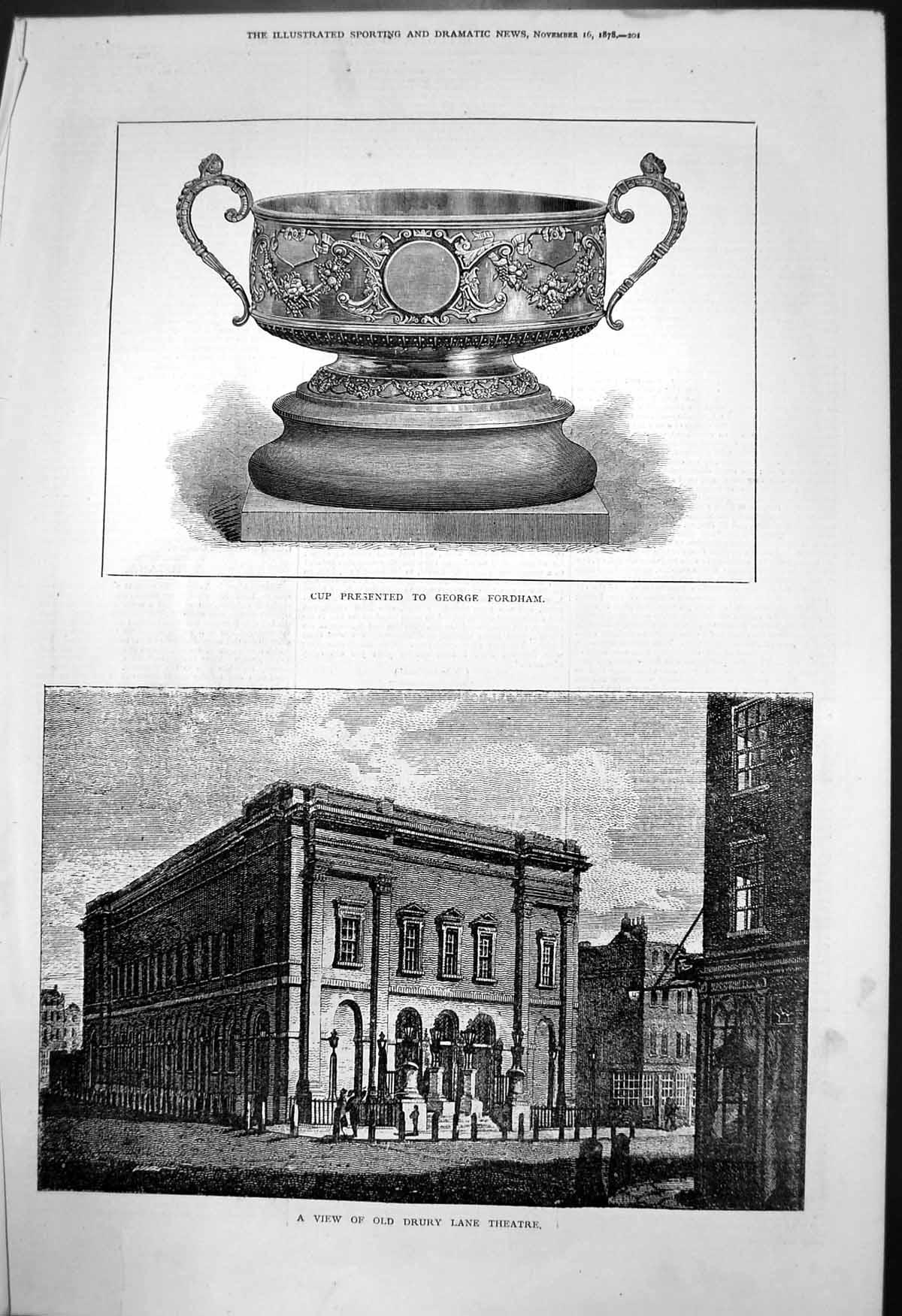 Antique Old Print Cup Presented George Fordham View Drury Lane Theatre 1878