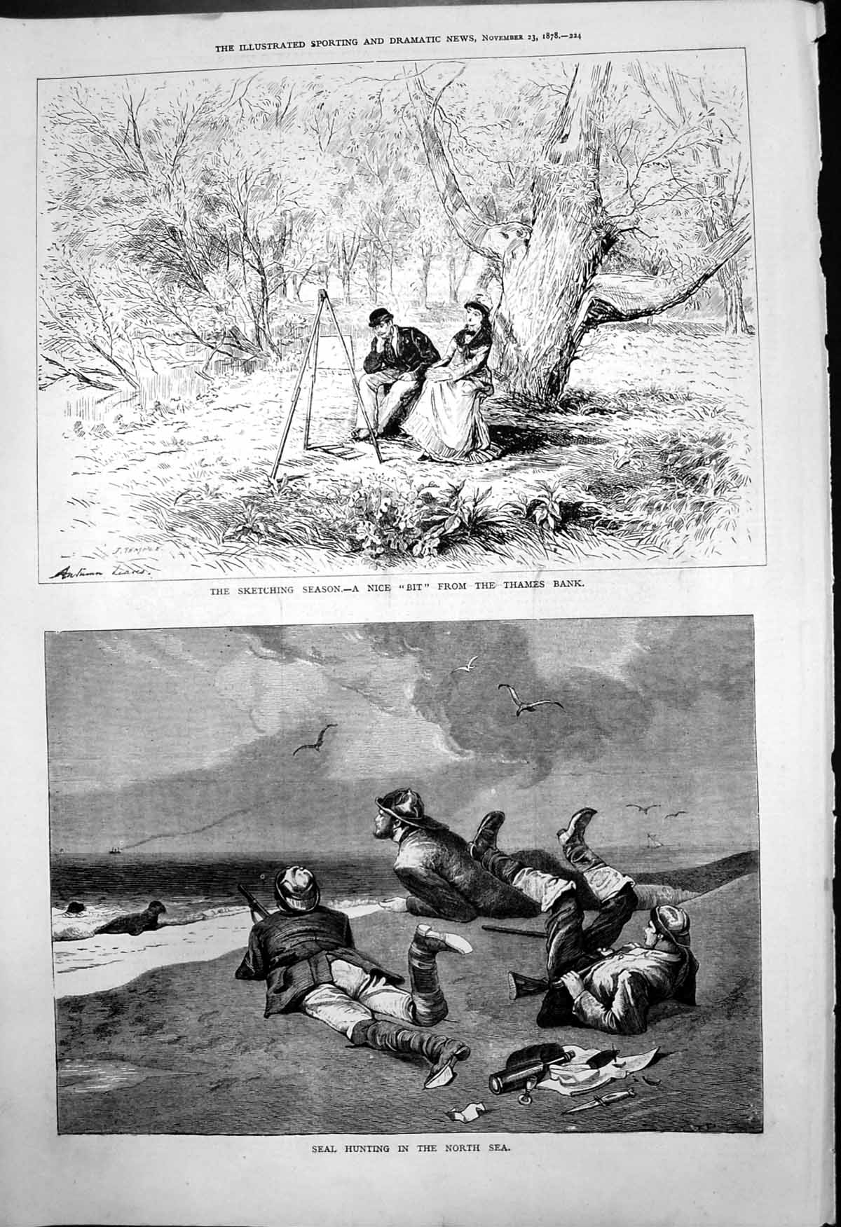 Old Sketching Season Nice Bit Thames Bank Seal Hunting North Sea 1878 Victorian