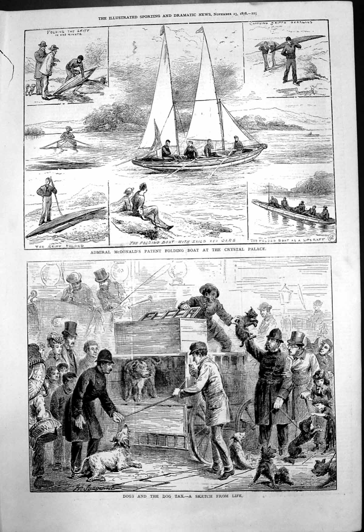 Old Antique Print Dogs Dog Tax Admiral Macdonalds Patent Fing Boat 1878 19th