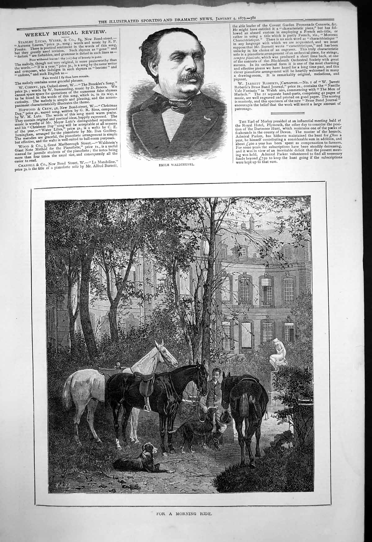 Antique Old Print Emile Waldteufel For A Morning Ride Horses Dogs Rider 1879