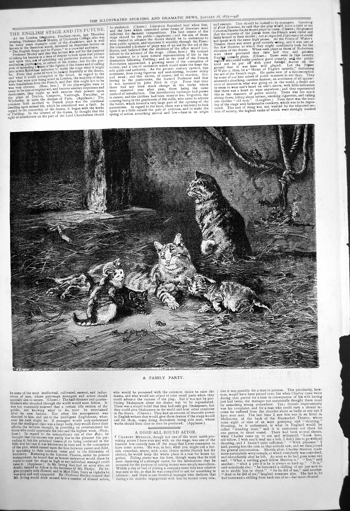 Original Old Antique Print Family Party Two Cats Kittens Straw Barn 1879 19th