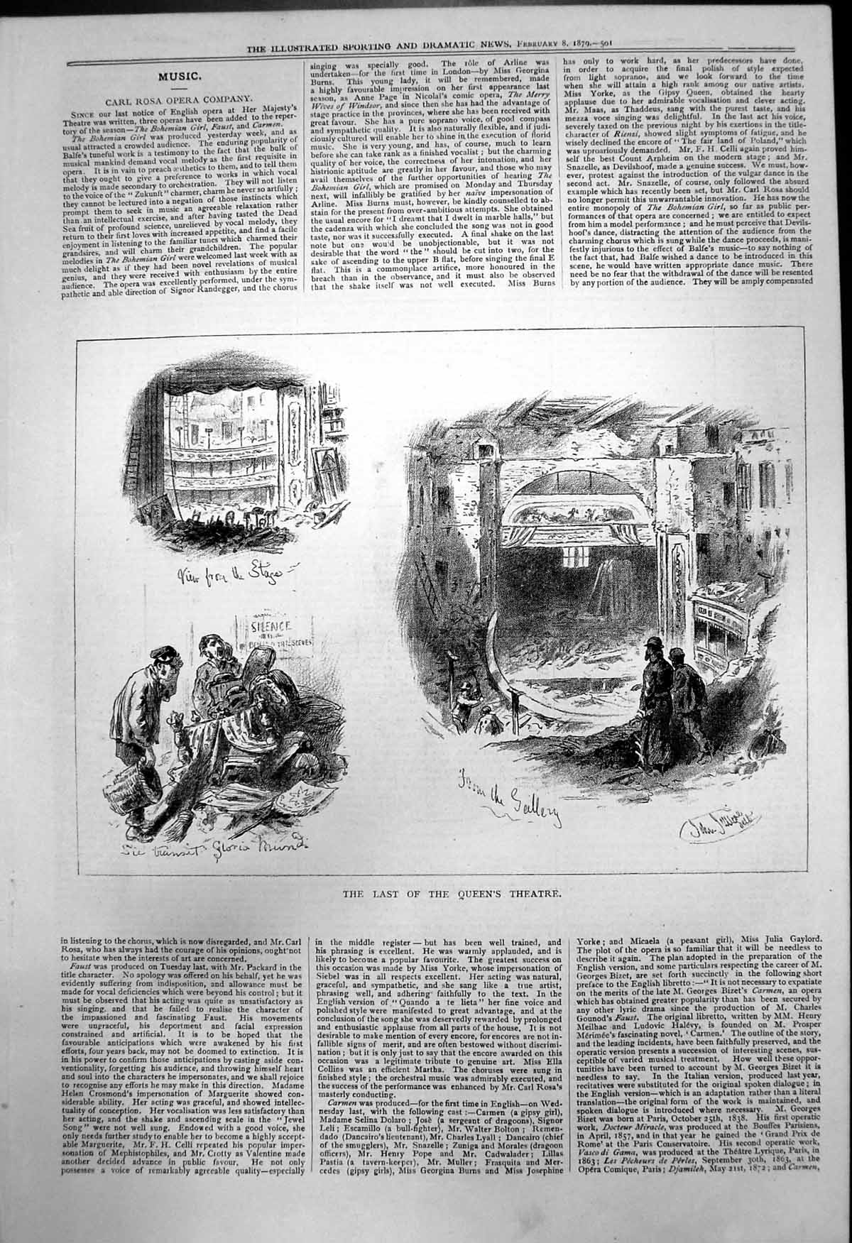 Original Old Antique Print Last Queens Theatre View Stage Gallery 1879 19th