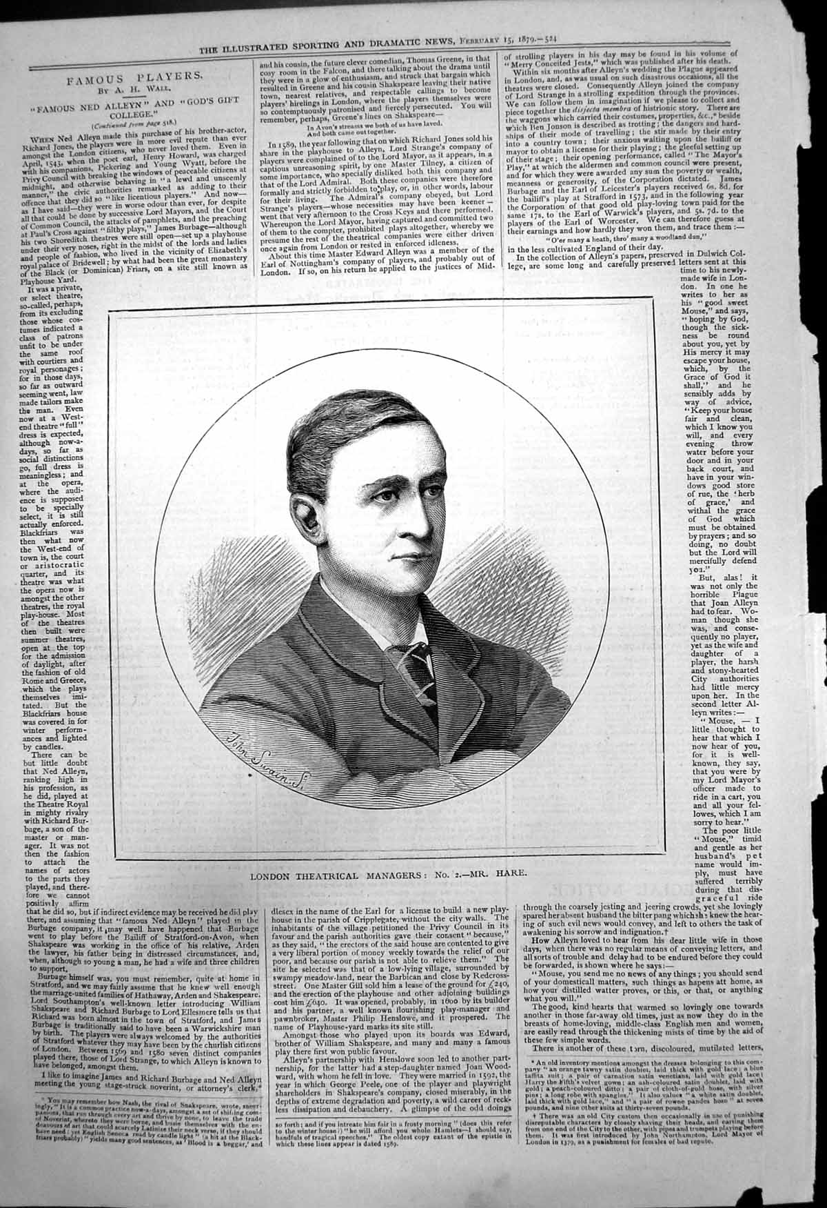Original Old Antique Print London Theatrical Managers Mr Hare 1879 Victorian