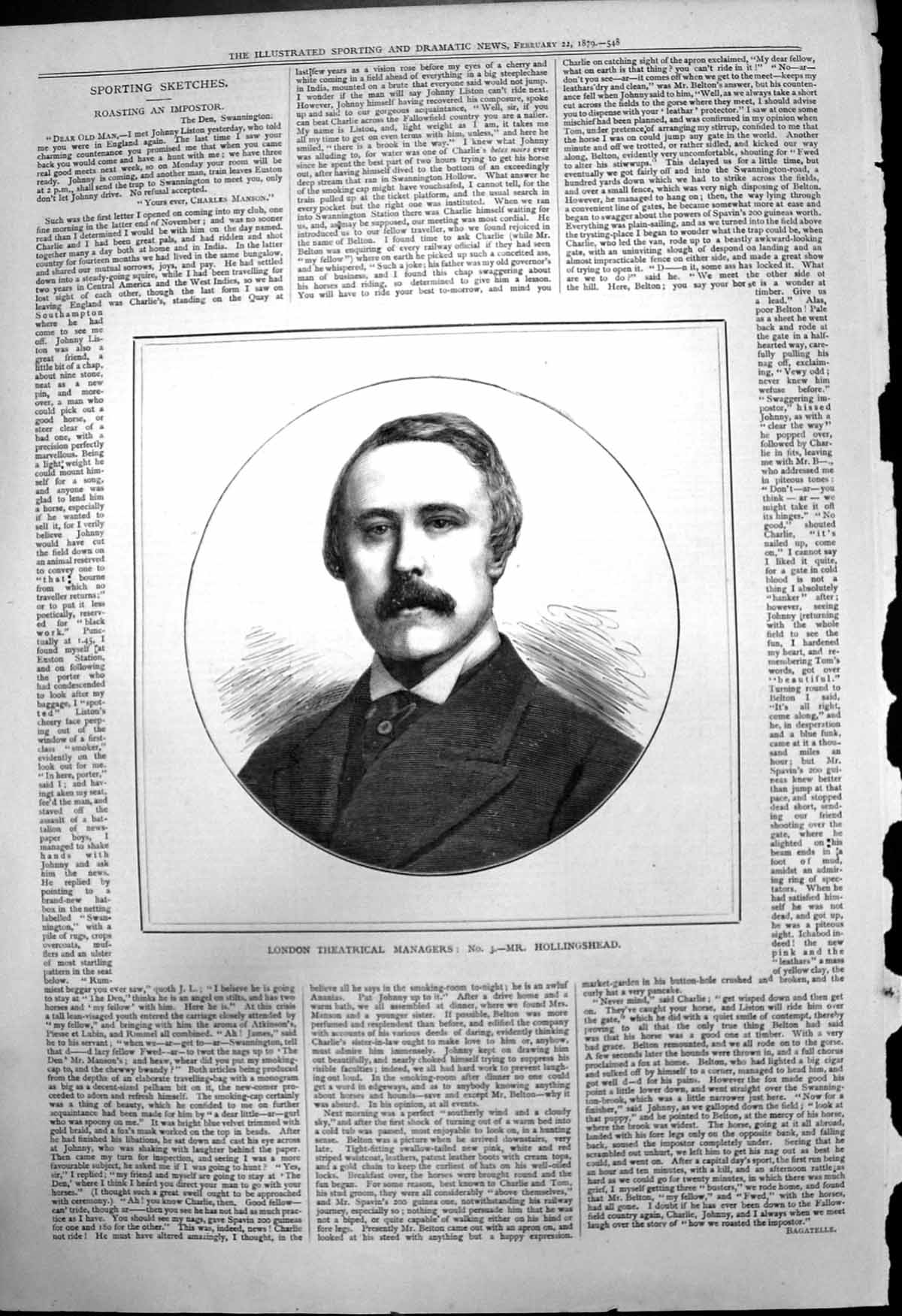 Original Old Antique Print London Theatrical Managers Mr Hollingshead 1879 19th