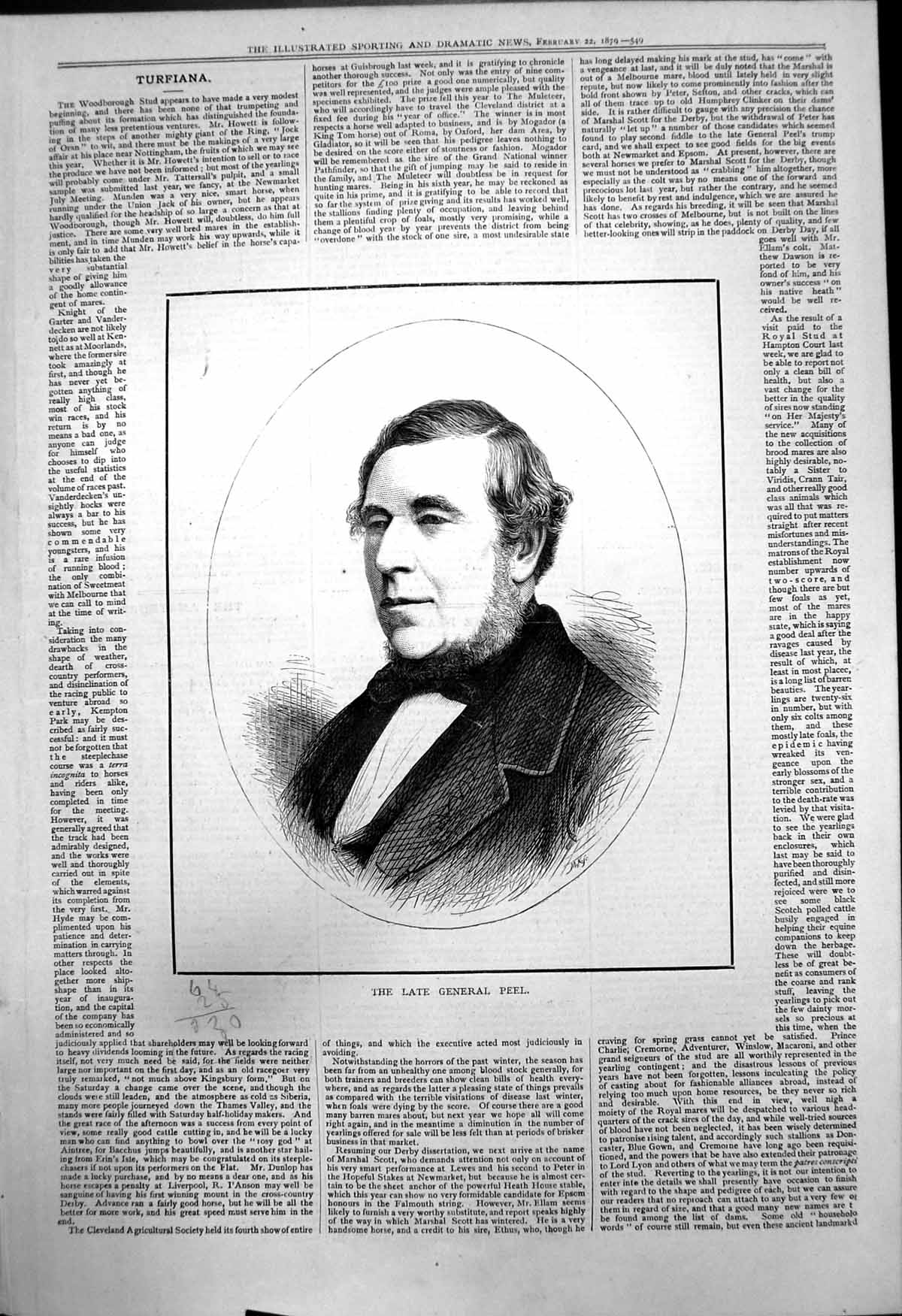 Original Old Antique Print Late General Peel 1879 19th Century