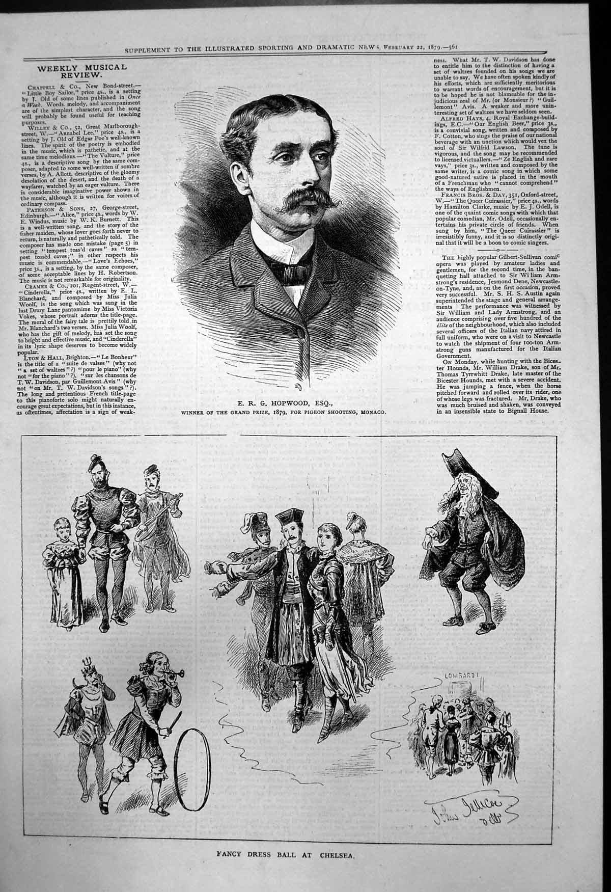 Old Print Fancy Dress Ball Chelsea E Hopwood Winner Pigeon Shooting 1879 19th