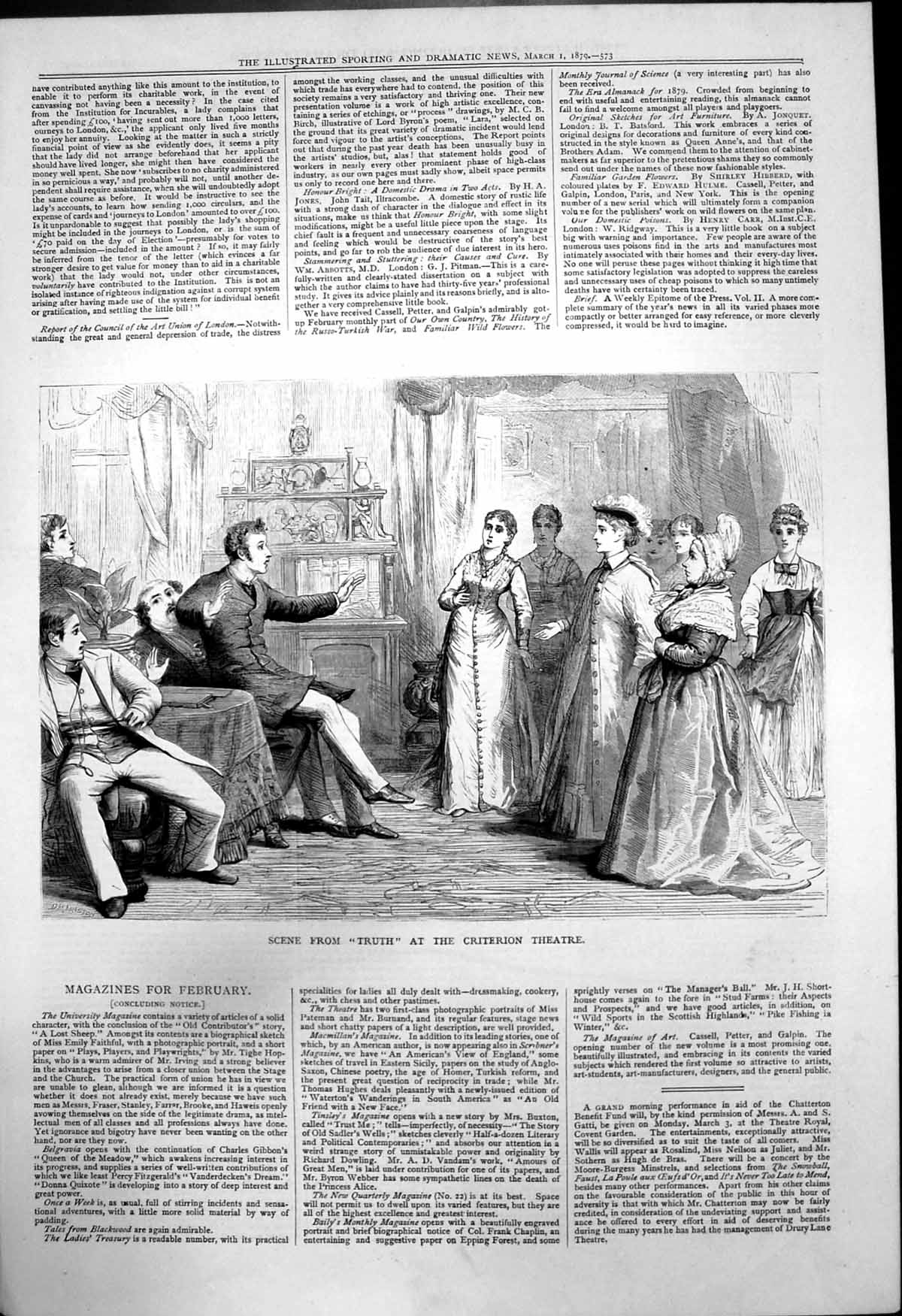 Old Print Scene From Truth Criterion Theatre Men Facing Group Ladies 1879 19th