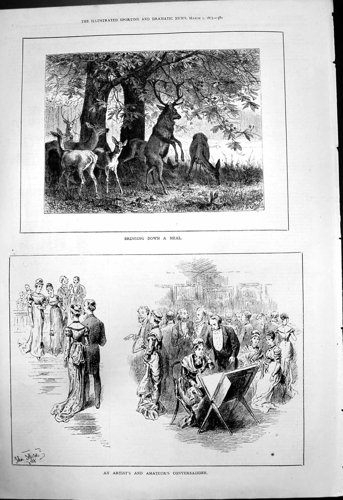 Antique Old Print Bringing Down Meal Deer Artists Amateurs Conversazione 1879