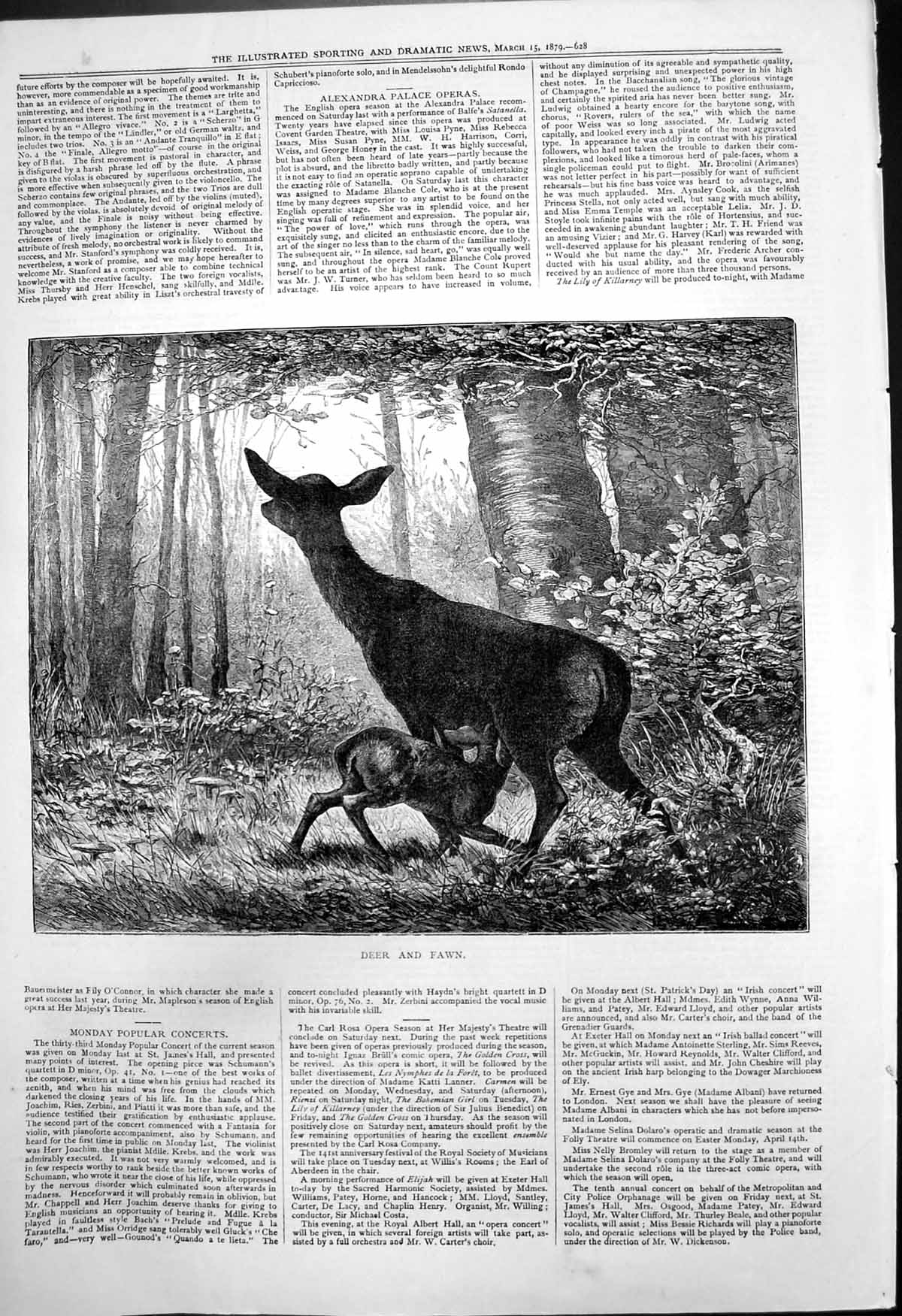Original Old Antique Print Deer Fawn Forest Fawn Feeding From Mother 1879 19th