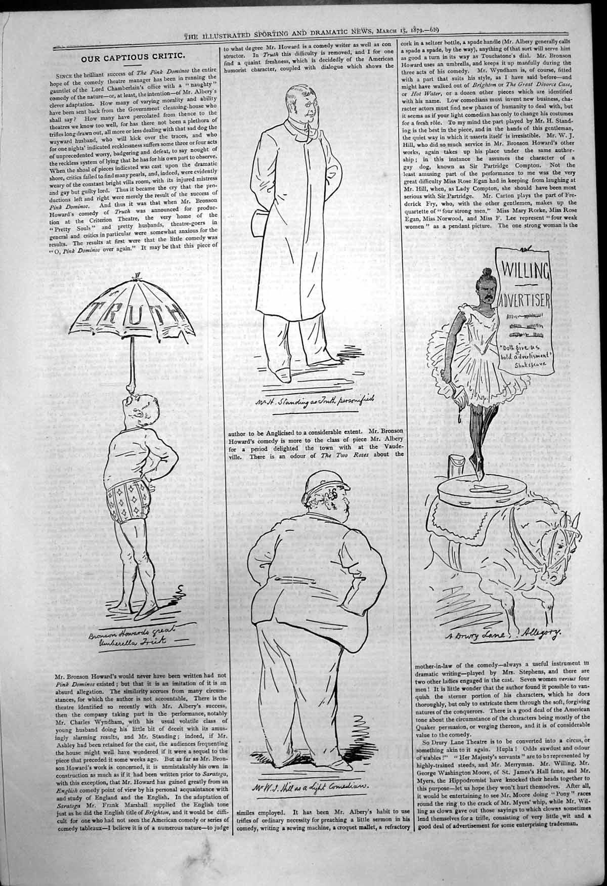 Old Print Captious Critic Truth Mr H Standing Bronson Howard W Hill 1879 19th