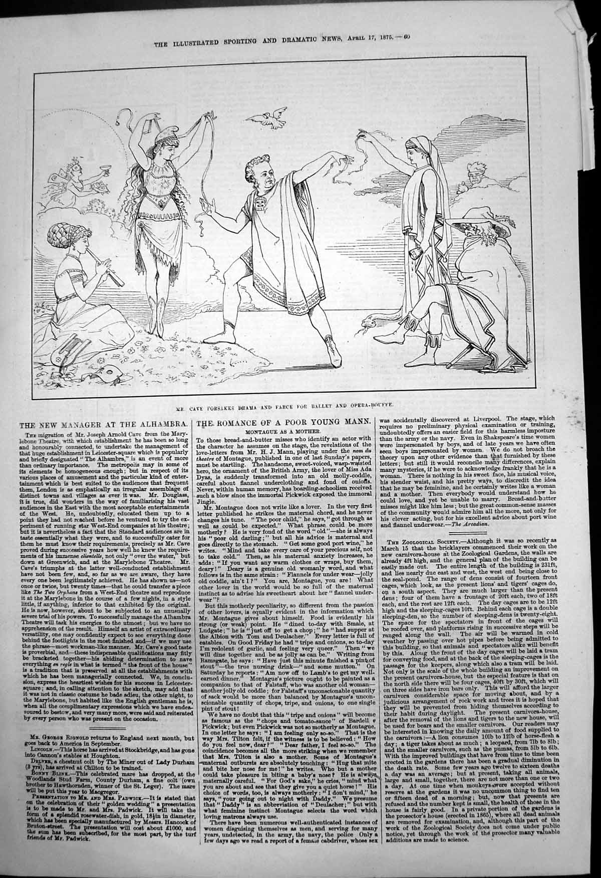 Antique Old Print Mr Cave Forsakes Drama Farce For Ballet Opera Bouffe 1875