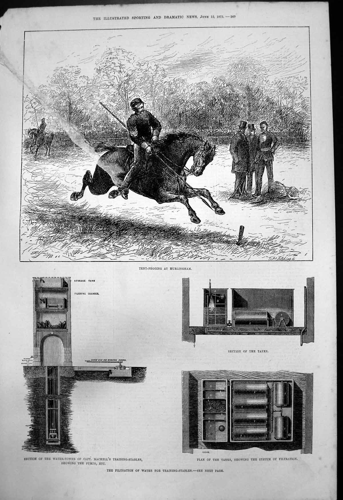 Antique Print Tent Pegging Hurlingham Filtration Water Stables 1875 Damaged
