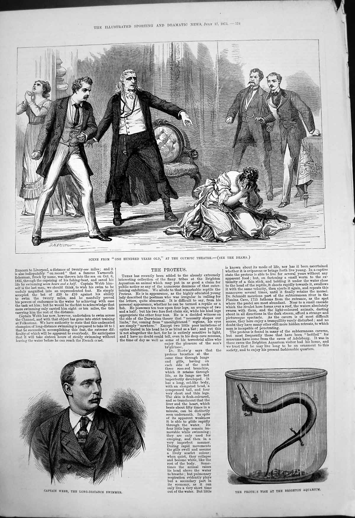 Antique Old Print One Hundred Years Olympic Theatre Capt Webb Swimmer 1875 19th