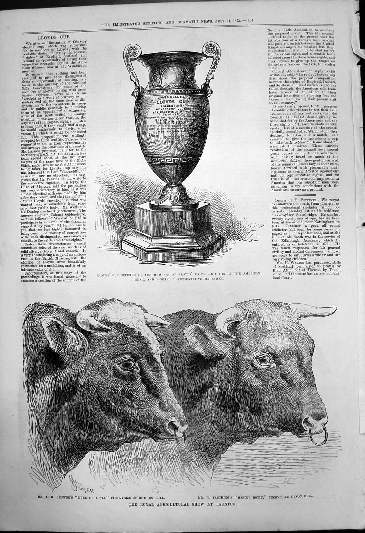 Old Print Royal Agricultural Show Taunton Bulls Lloyds Cup Shooting 1875 19th