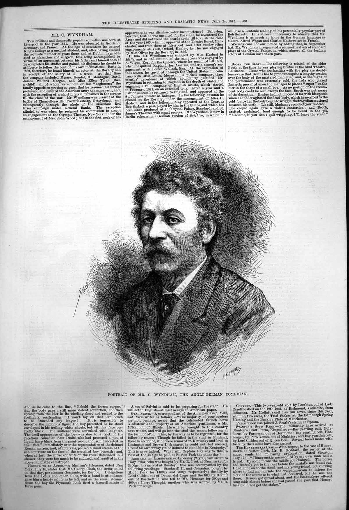 Original Old Antique Print Portrait Mr C Wyndham Anglo German Comedian 1875