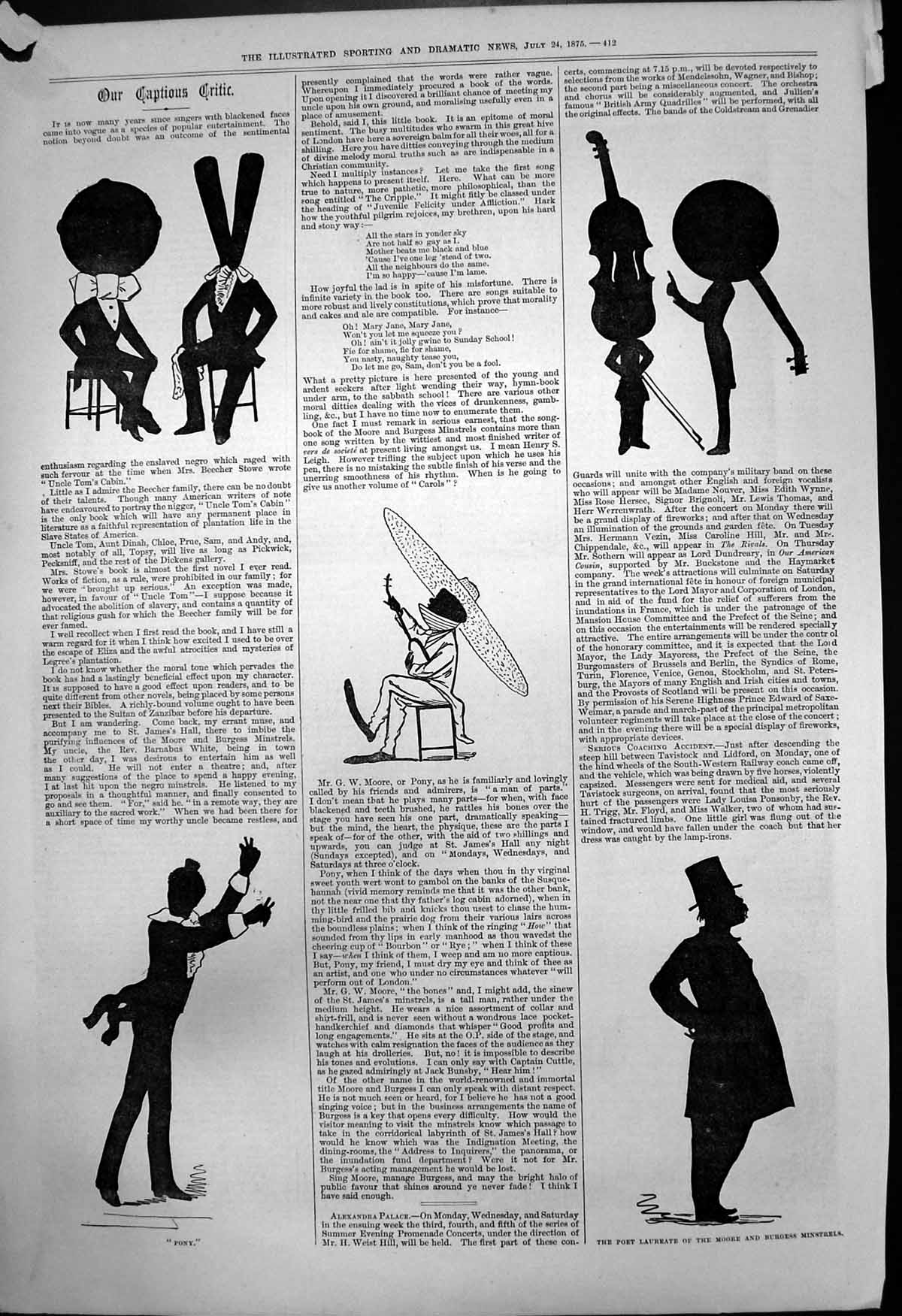 Old Print Captious Critic Poet Laureate Moore Burgess Minstrels Pony 1875 19th