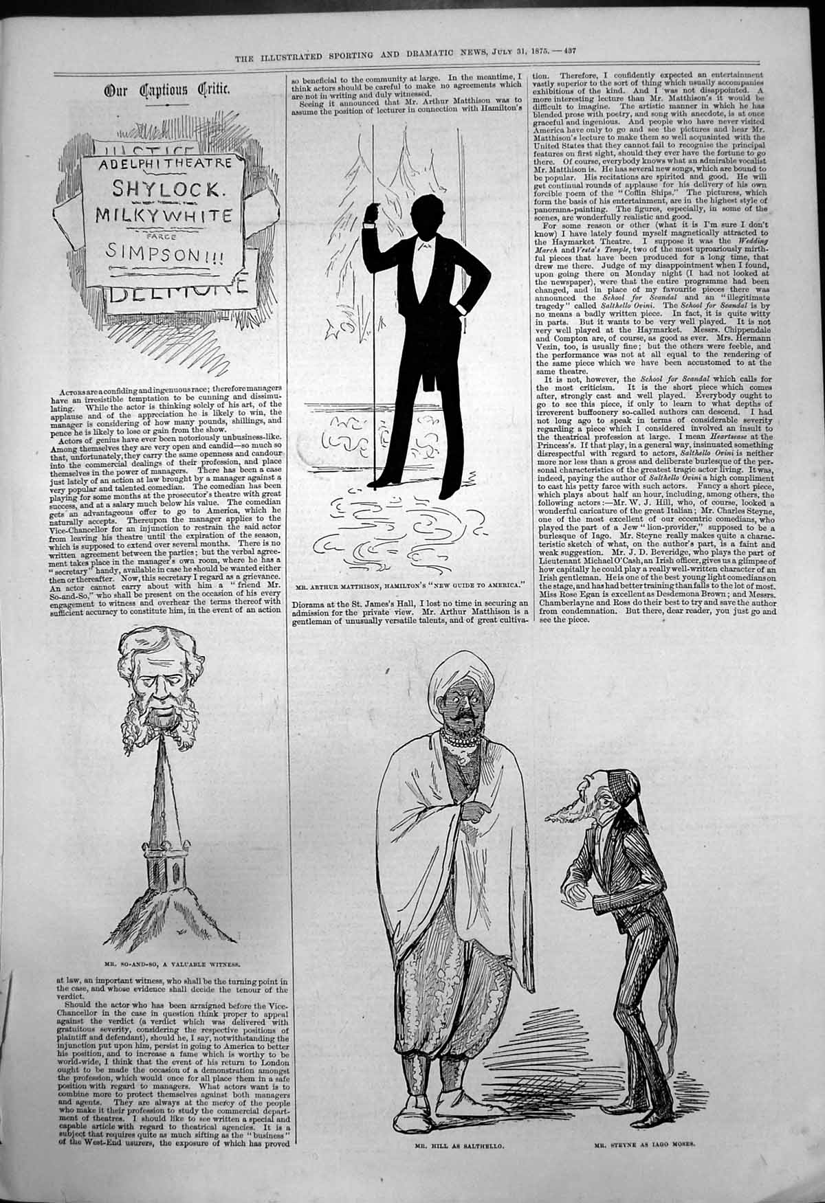 Antique Old Print Captious Critic New Guide America Salthello Iago Moses 1875