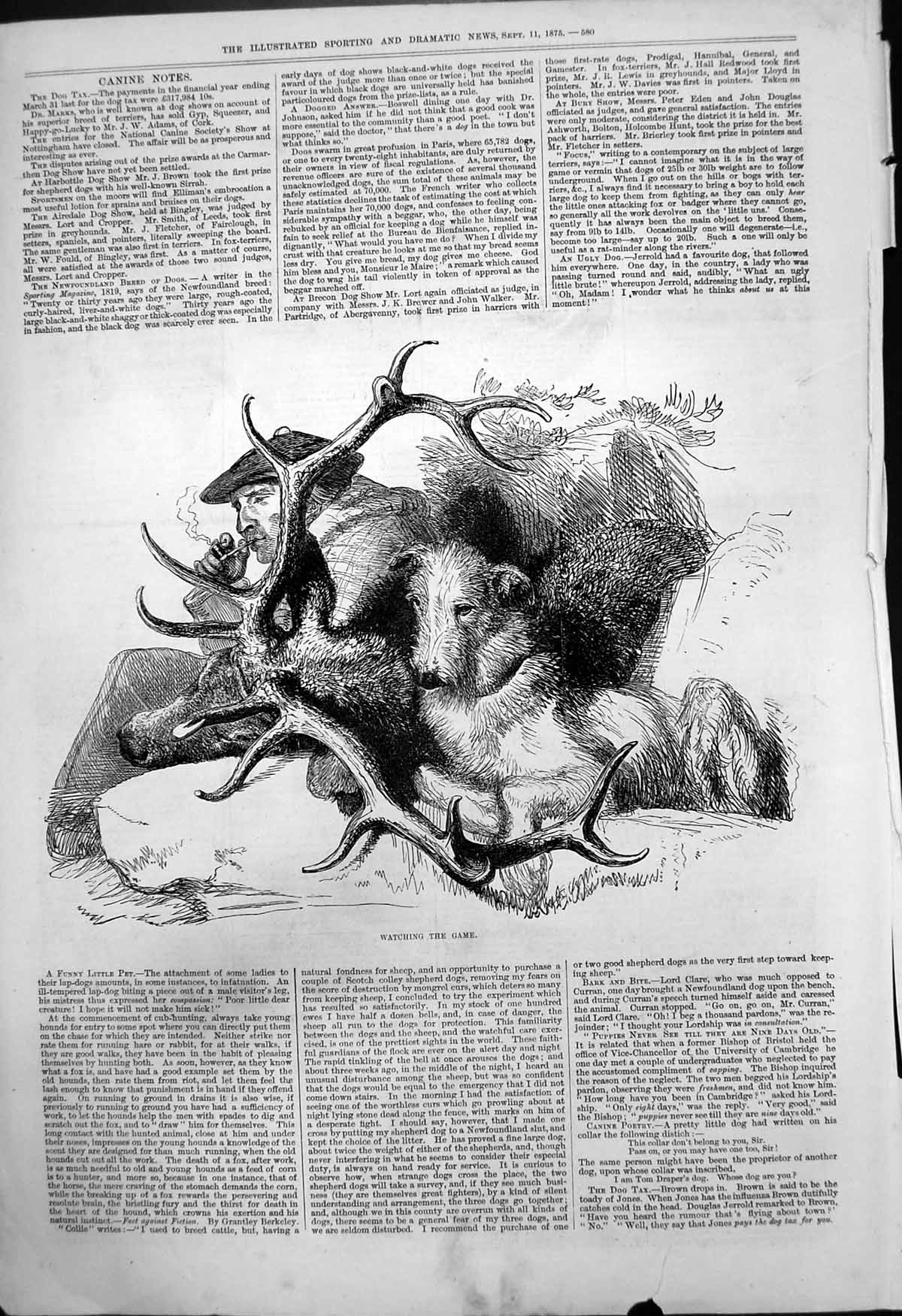 Original Old Antique Print Watching Game Hunter Smoking Pipe Dead Stag Dog 1875