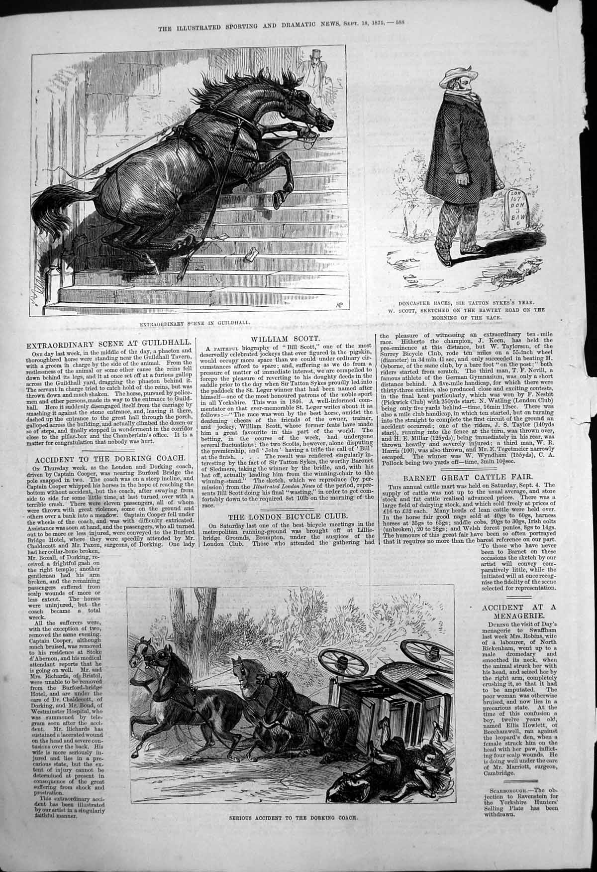 Antique Old Print Horse Steps Guildhall Serious Accident Dorking Coach 1875