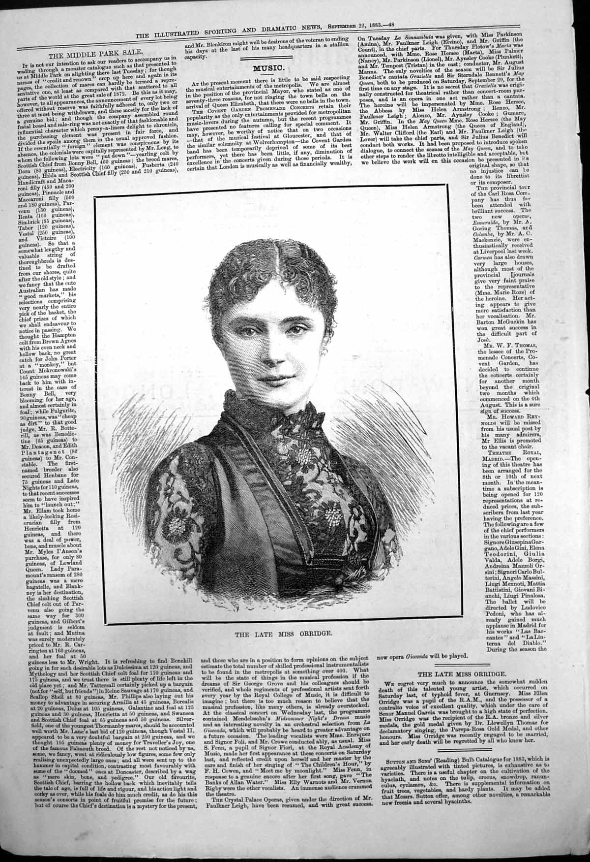 Antique Old Print Late Miss Orridge Young Artist Died Typhoid Guernsey 1883