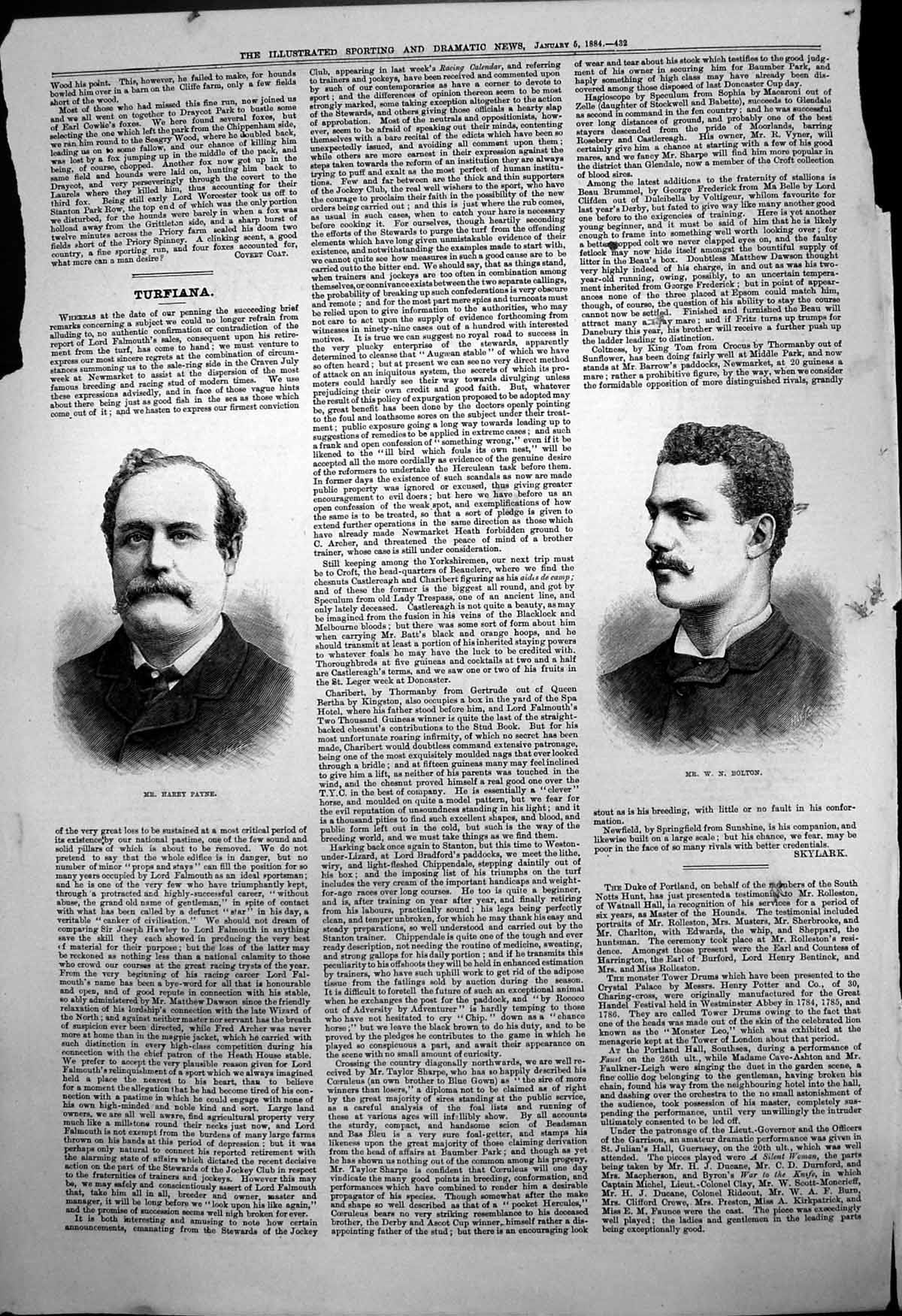 Original Old Antique Print Portraits Mr Harry Payne Mr W N Bolton 1884 19th