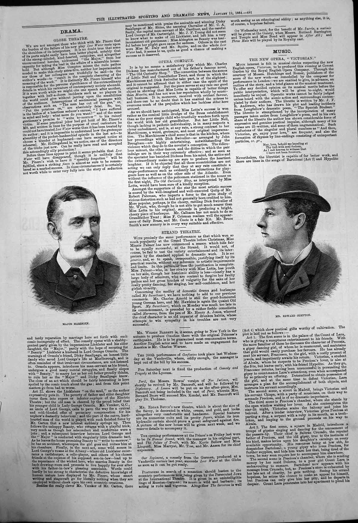 Original Old Antique Print Portraits Major Marinden Mr Edward Compton 1884 19th
