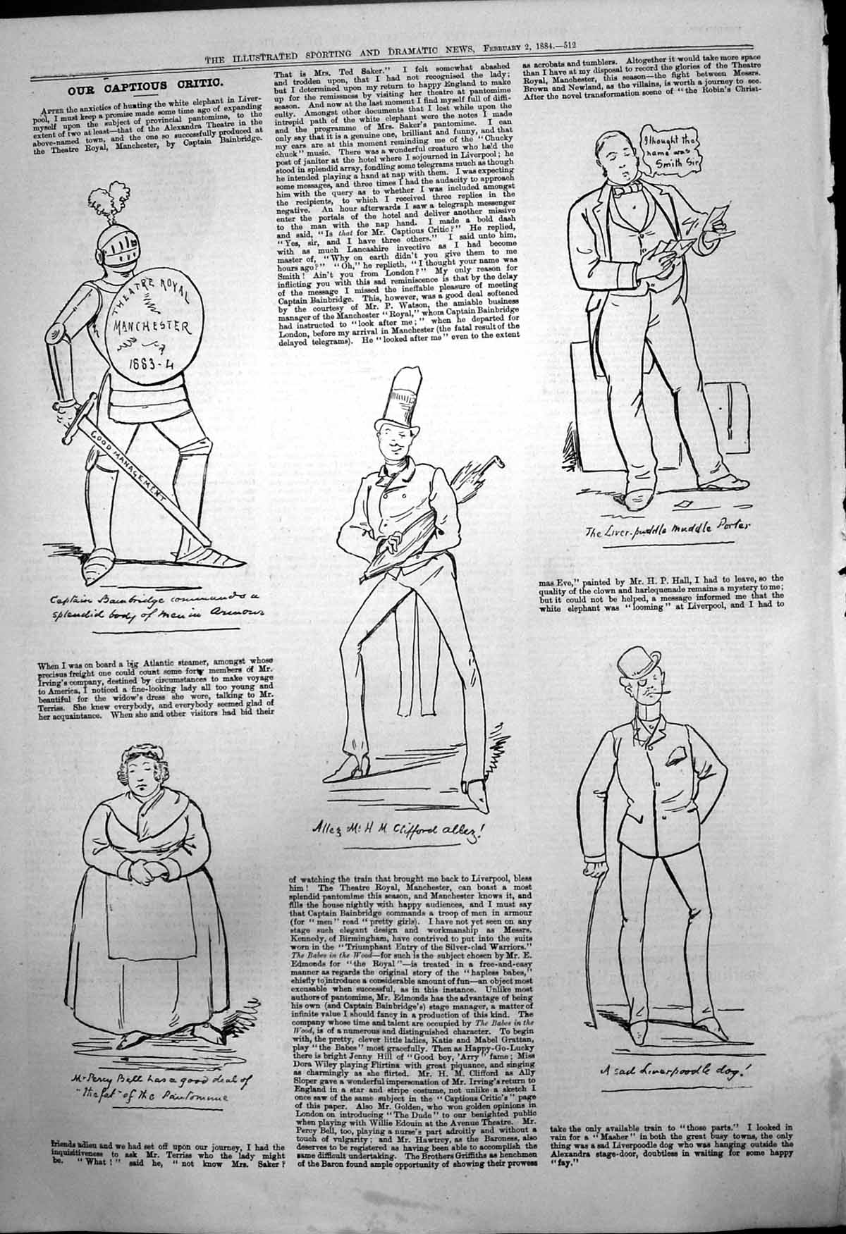 Antique Print Captious Critic Theatre Royal Manchester Capt Bainbridge 1884