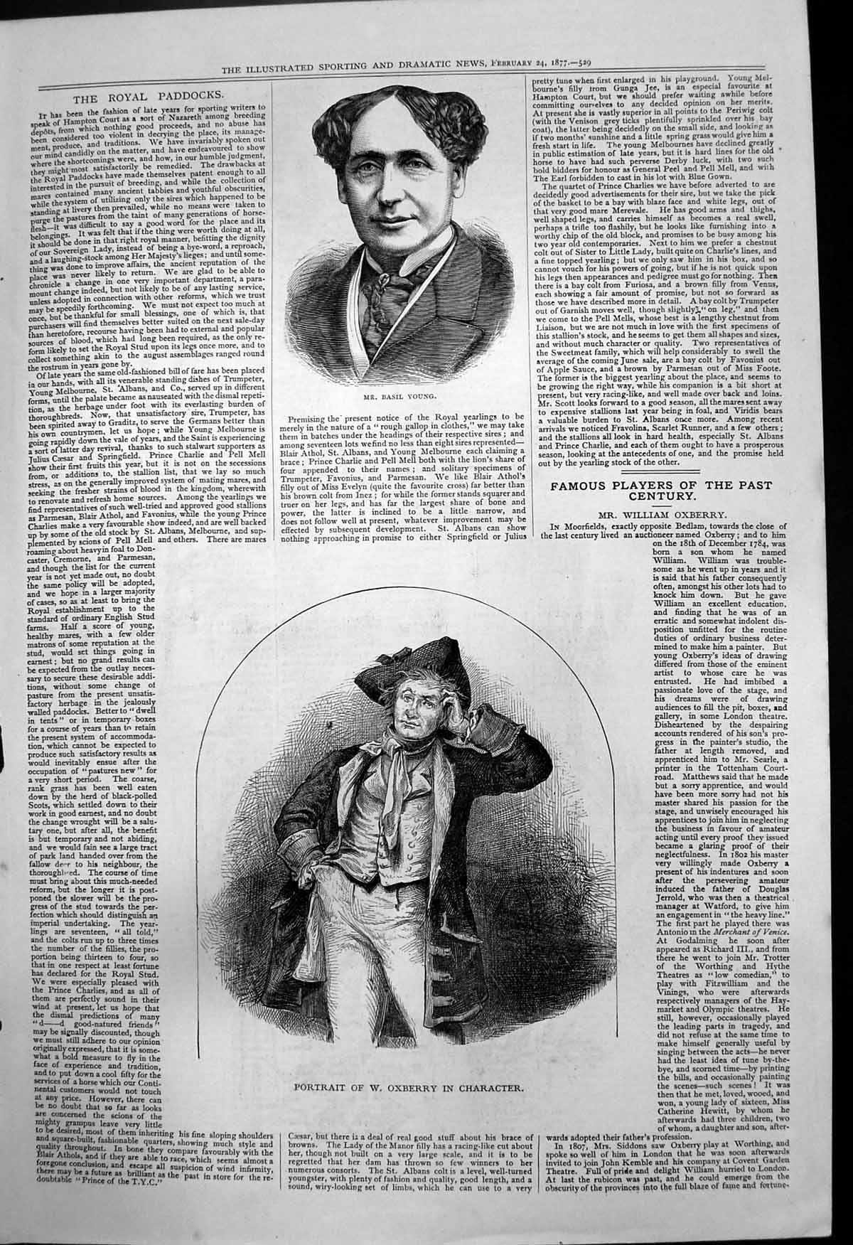 Original Old Antique Print Mr Basil Young Portrait W Oxberry In Character 1877