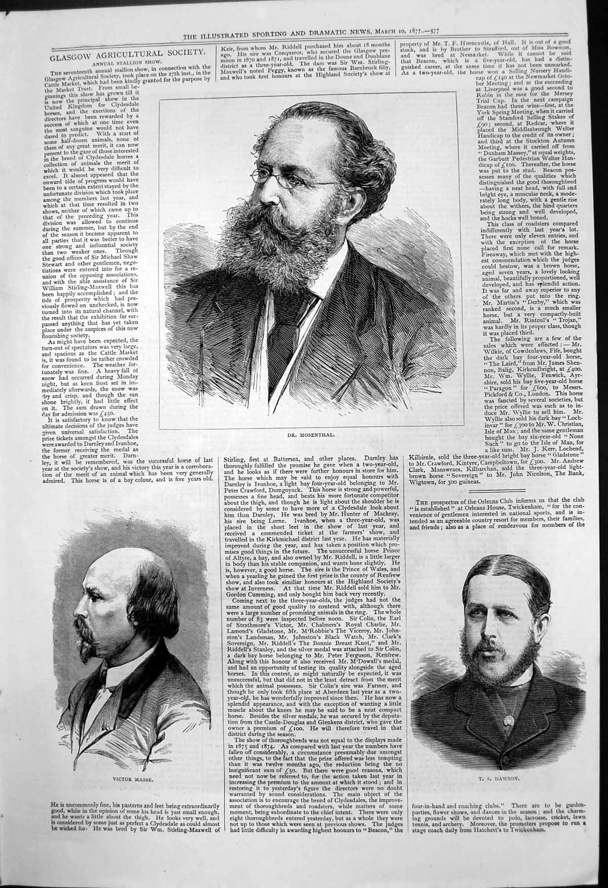 Original Old Antique Print Victor Masse Dr Mosenthal T S Dawson 1877 Victorian