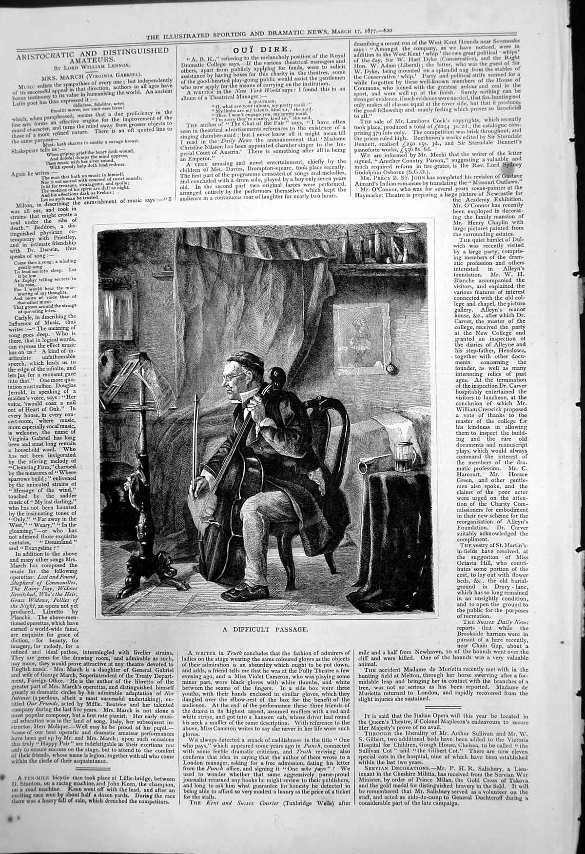 Antique Print Difficult Passage Man Playing Double Base Reading Music 1877 19th