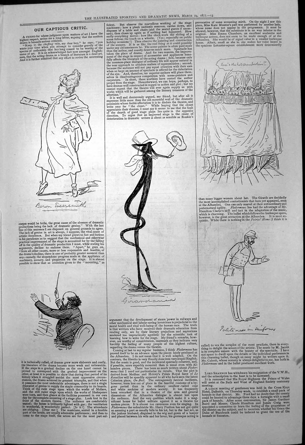 Antique Old Print Captious Critic Fledermaus Baron Essersmith Girardania 1877