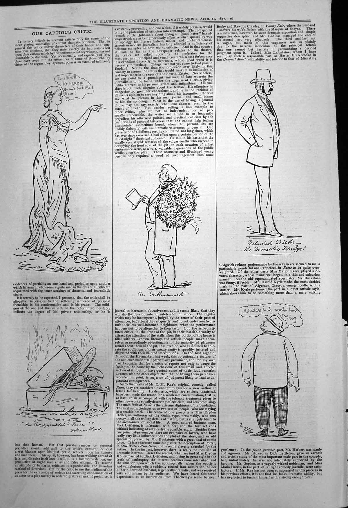 Old Antique Print Captious Critic Fame Deluded Dick Domestic Drudge 1877 19th