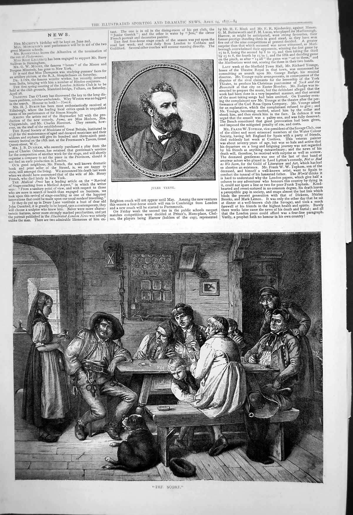 Old Jules Verne Score Men Playing Cards Table Girl Brings Glass 1877 Victorian