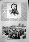 Original Old Antique Print Late Andrew Halliday Funeral Scene Grave 1877 19th