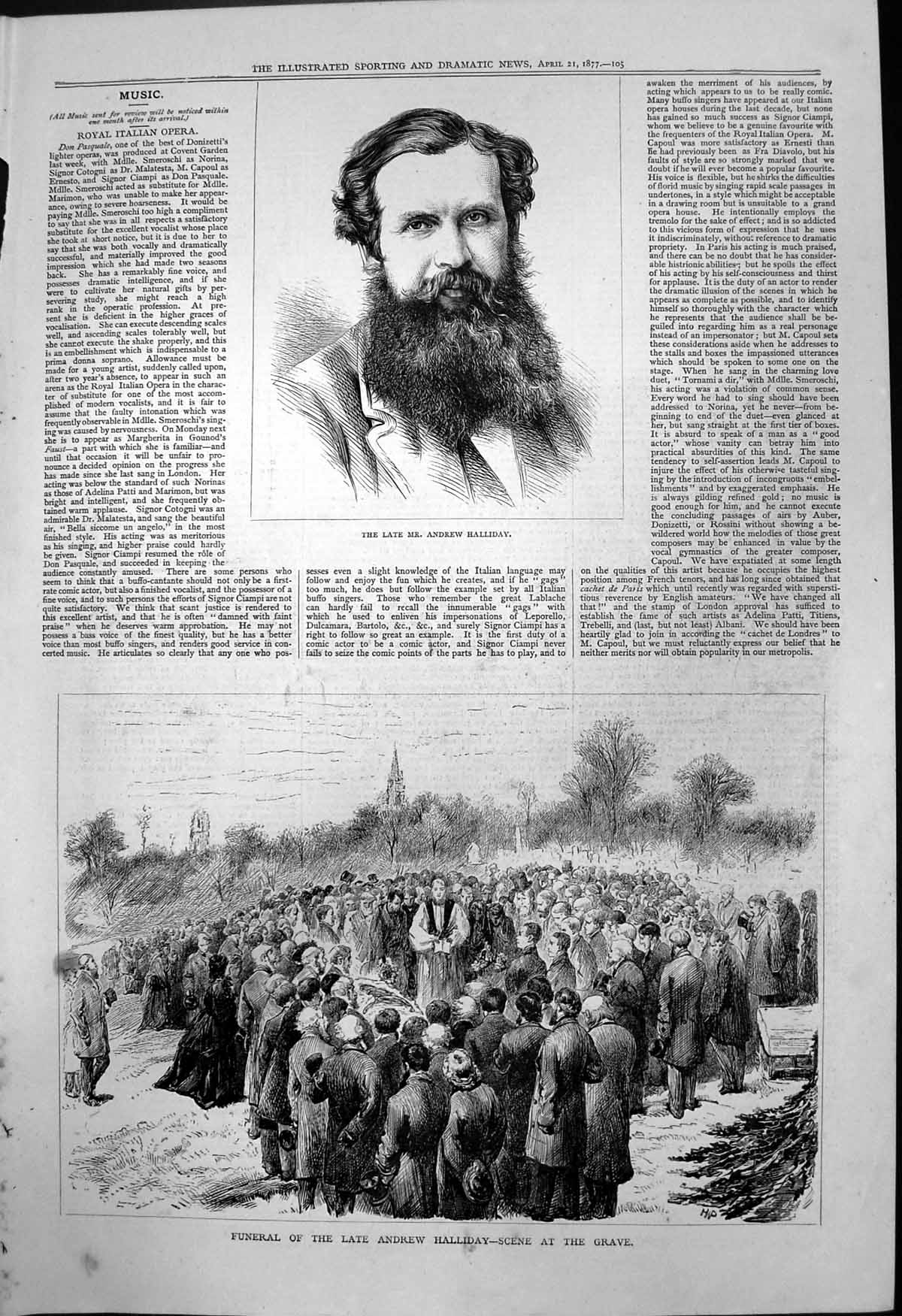 Original Old Antique Print Late Andrew Halliday Funeral Scene Grave 1877 19th