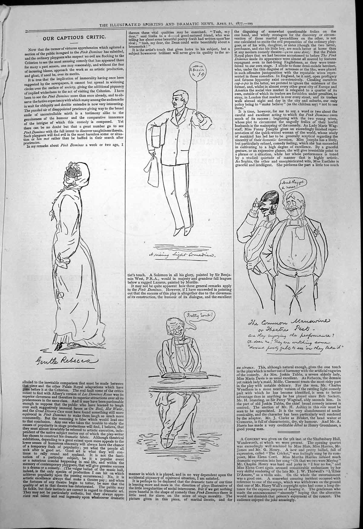 Antique Print Captious Critic Pink Dominos Gentle Rebecca Theatre Pest 1877