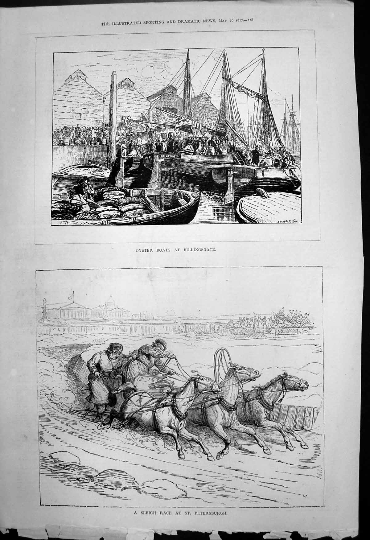 Antique Old Print Oyster Boats Billingsgate Sleigh Race St Petersburgh 1877