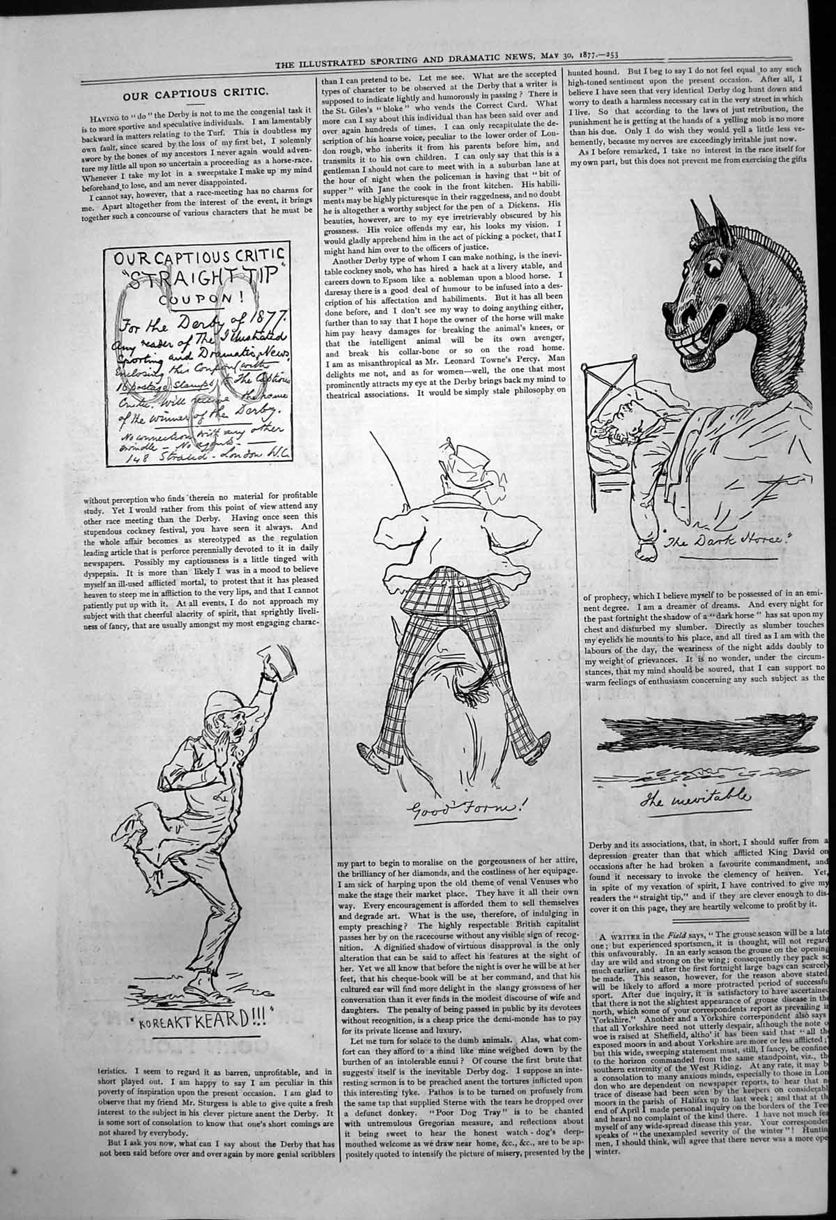 Antique Old Print Captious Critic Derby Straight Tip Coupon Dark Horse 1877