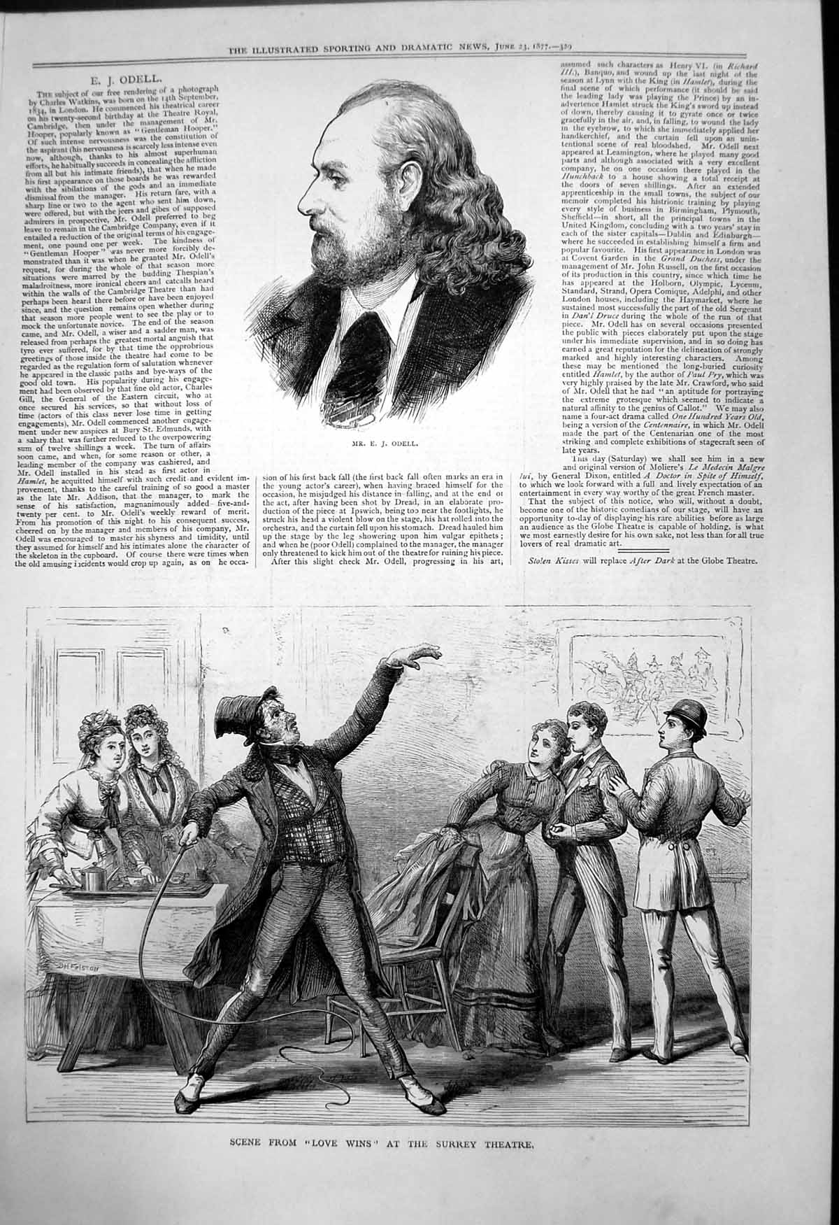Old Print E J Odell Scene Love Wins Surrey Theatre Man Whip Top Hat 1877 19th