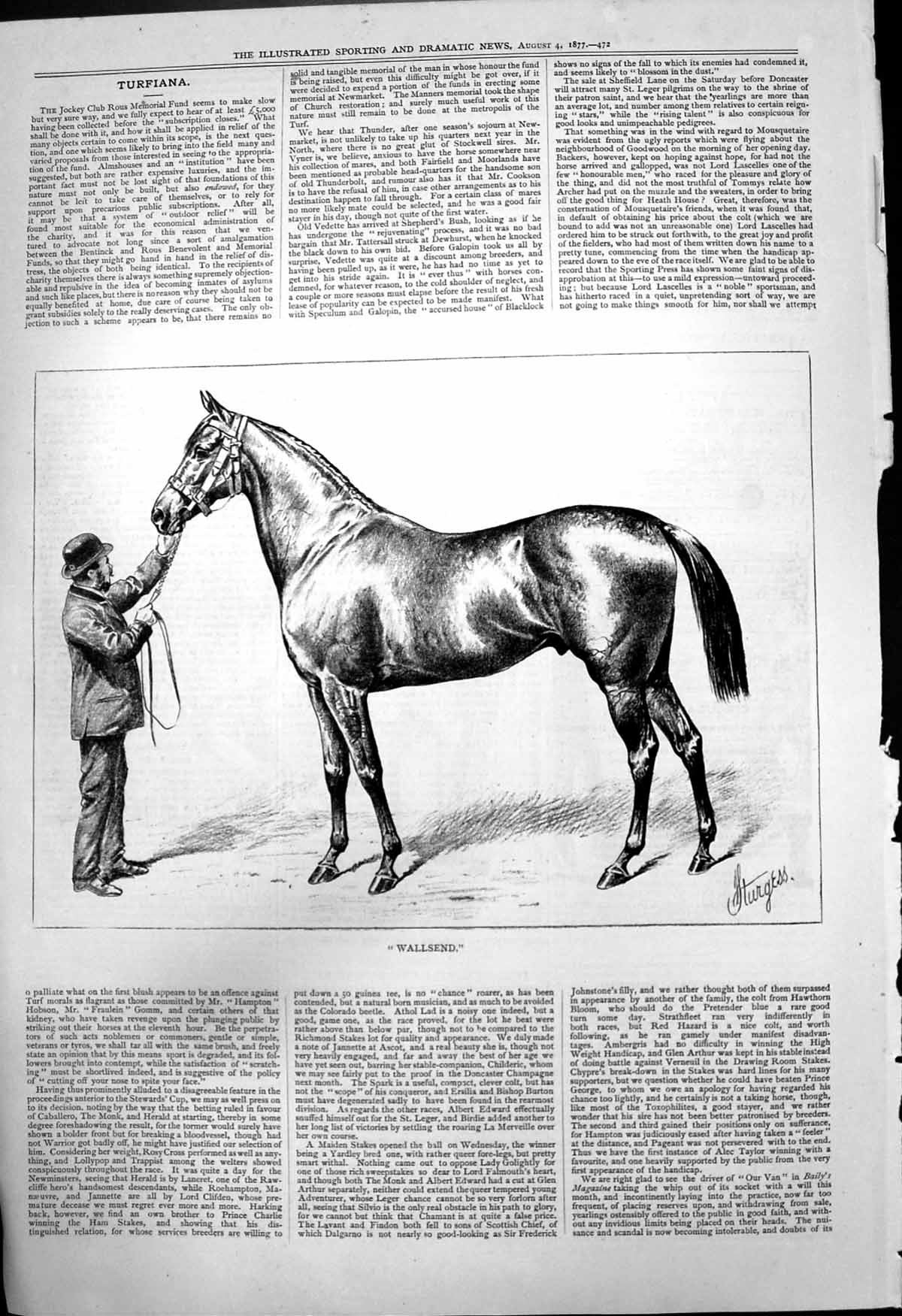 Original Old Antique Print Wallsend Horse Trainer J Sturgess 1877 Victorian