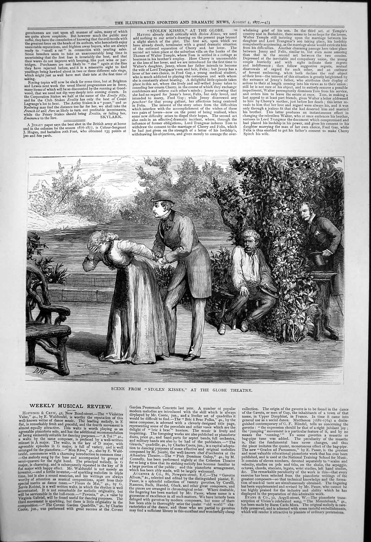 Antique Print Scene Stolen Kisses Globe Theatre Woman Three Men Garden 1877