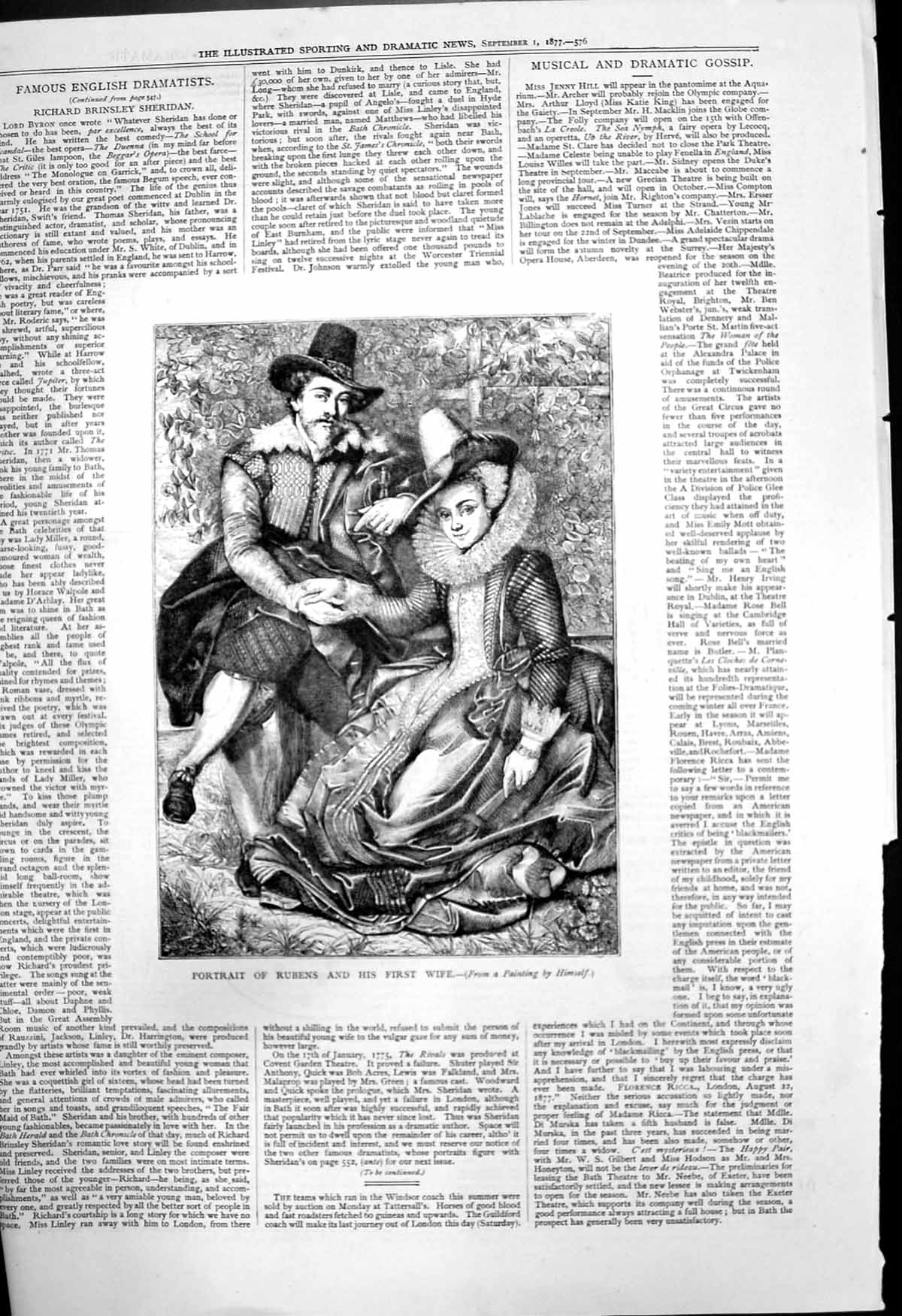 Antique Old Print Portrait Rubens And His First Wife Painting By Himself 1877
