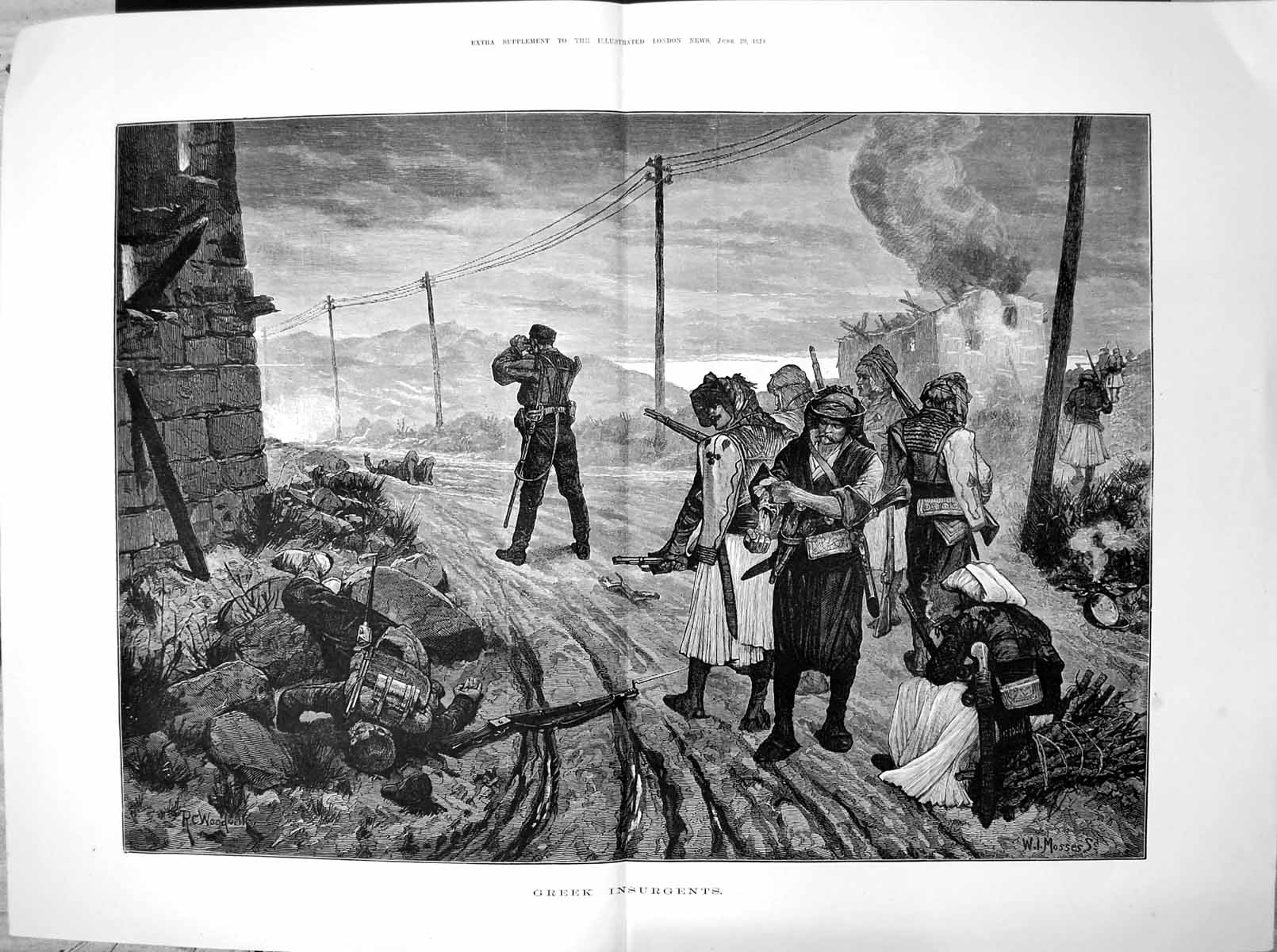 Antique Old Print Greek Insurgents W I Mosses R C Woodville Weapons Dead 1878
