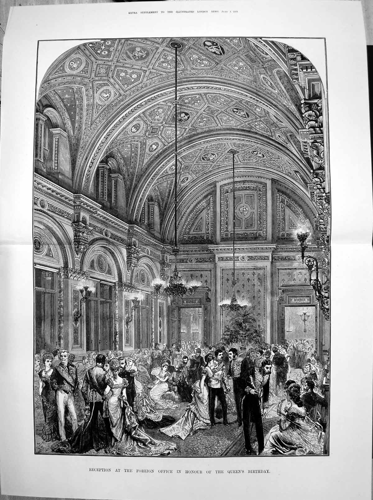 Original Old Antique Print Reception Foreign Office Honour Queens Birthday 1878