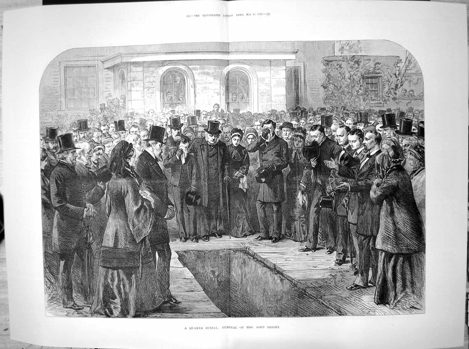 Original Old Antique Print Quaker Burial Funeral Mrs John Bright Graveside 1878