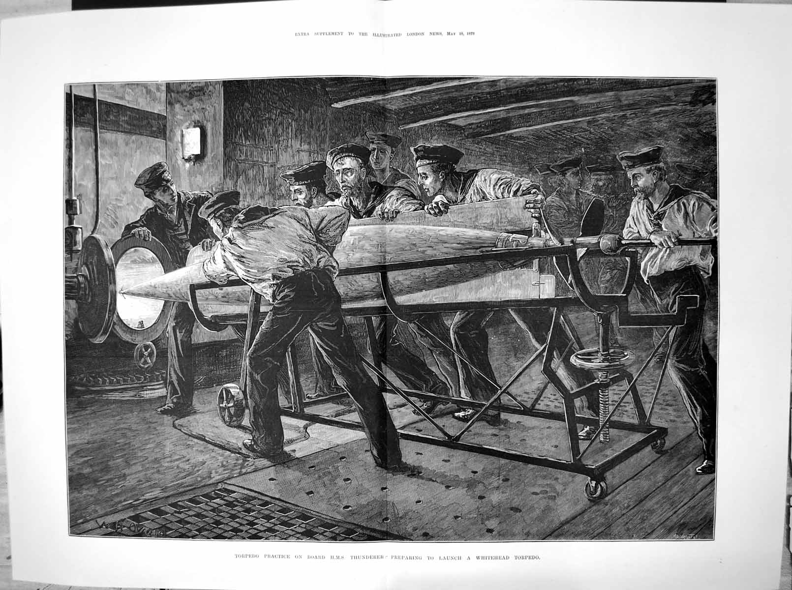 Old Print Torpedo Practice On Board Hms Thunderer Whitehead Torpedo 1878 19th