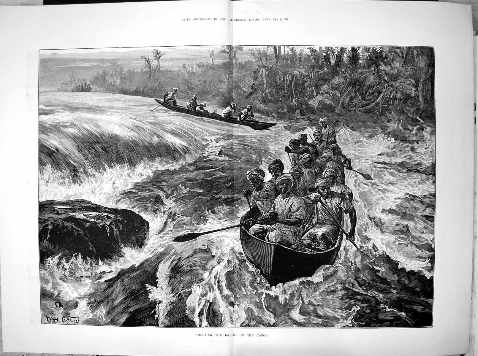 Antique Print Shooting Rapids On Congo Natives Boats Oars W H Overend 1878 19th