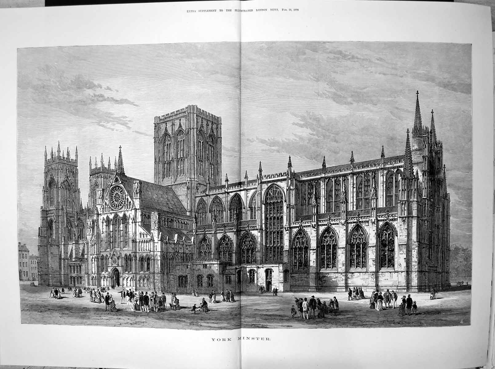 Original Old Antique Print York Minster Exterior View 1878 19th