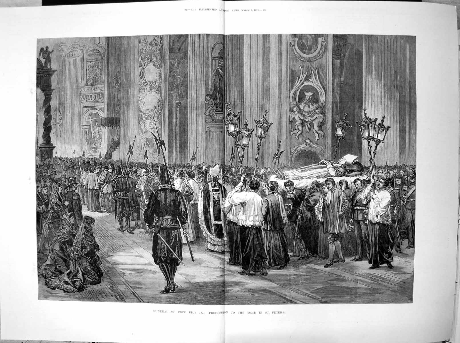 Old Antique Print Funeral Pope Pius 1X Procession Tomb In St Peters 1878